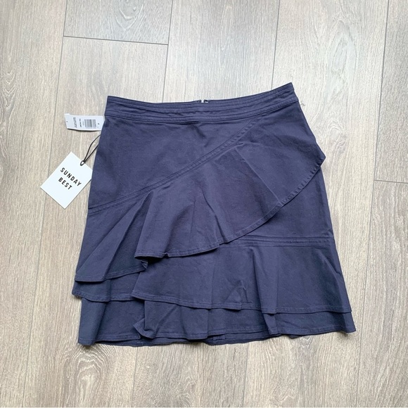 Aritzia Sunday Best Whitney Mini Skirt Navy Blue Ruffle Draped Cotton Size 4 - Picture 6 of 16